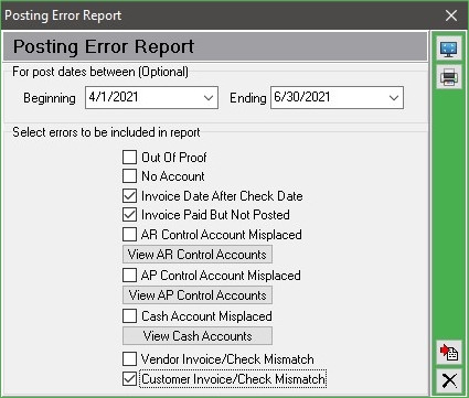 Use the Posting Error report to catch accounting problems early.