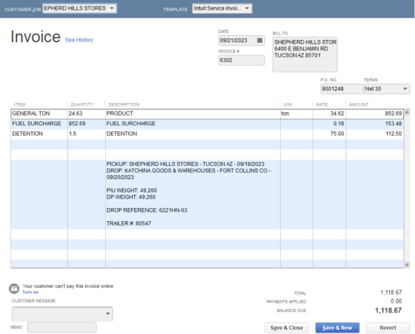 Keying in a load invoice in QuickBooks means manually typing stop details and complex rate charges.