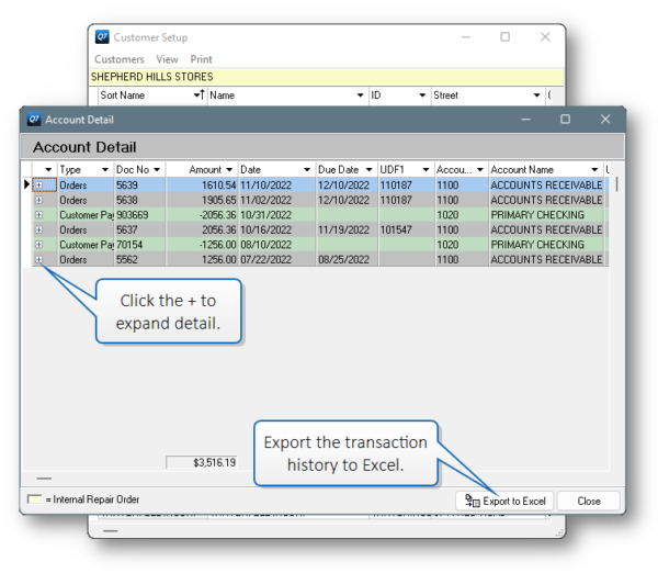 Export Setup program transaction history to Excel.